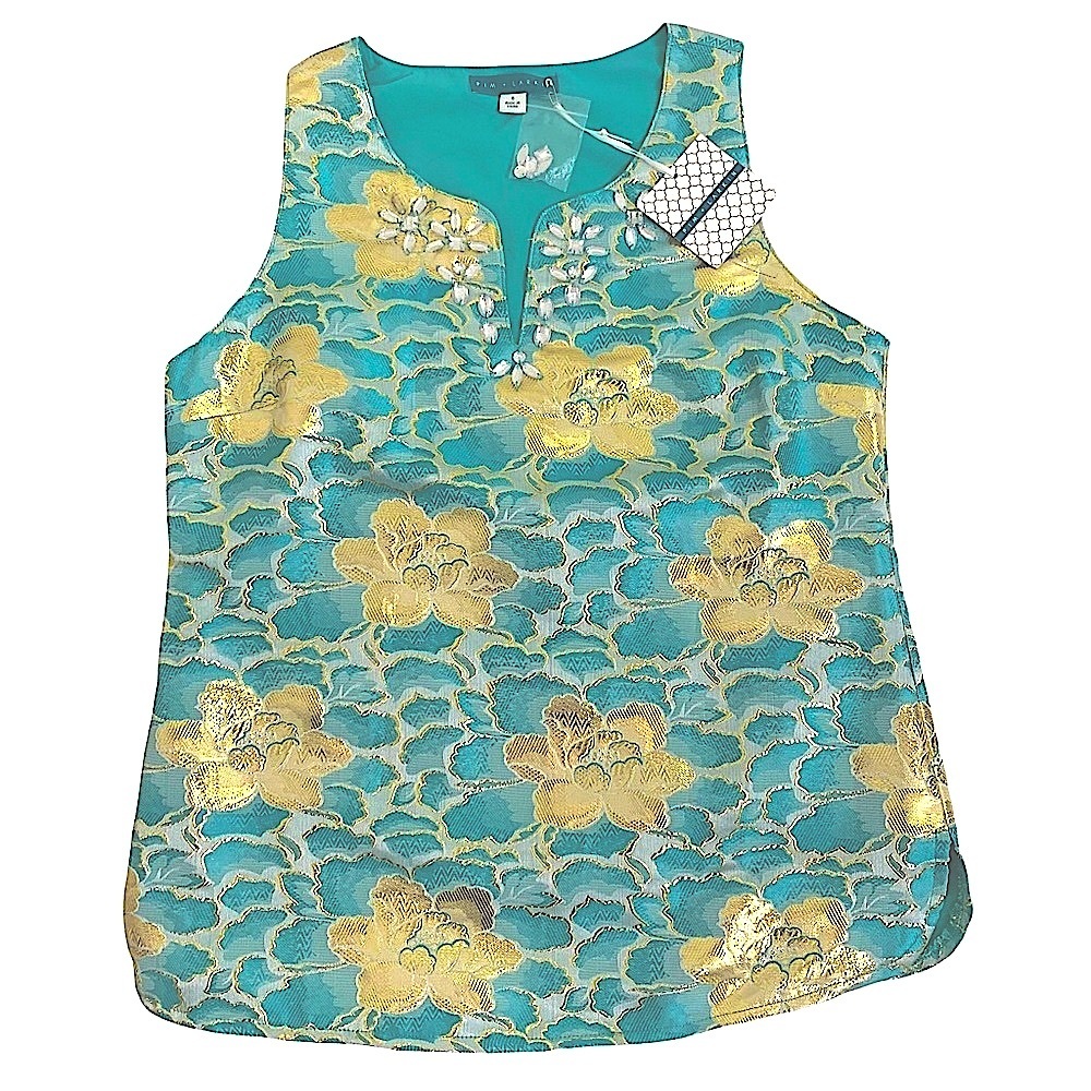 Pim & Larkin Aqua & gold, jewel embellishments sleeveless Asian inspired top.